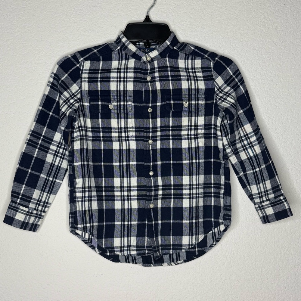 PoloRalphLauren Button Up Shirt Flannel Kids 6 Long Sleeve Blue Plaid Elbow Pads